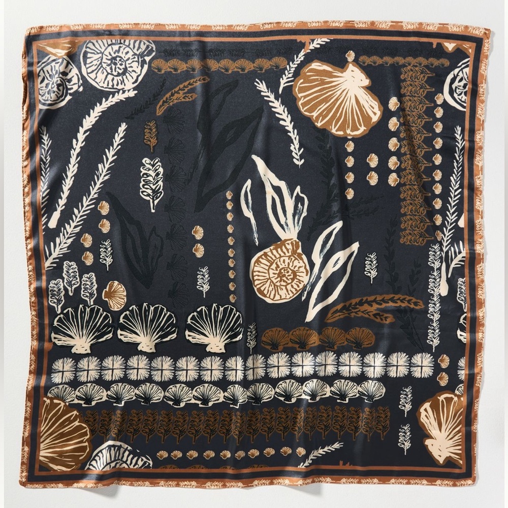 Anthropologie Scarves PAIR Botanical Palms Black Purple Copper 27” SQUARE NEW - Picture 3 of 5